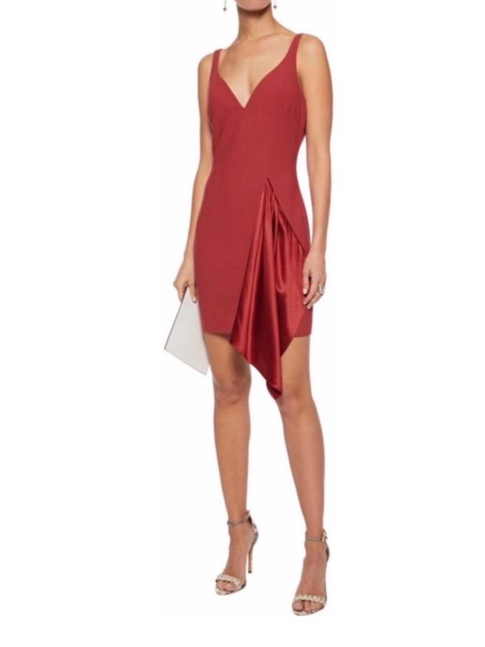 Cinq A Sept Sleeveless V-Neck Mini Dress in Rust Red  Satin Drape